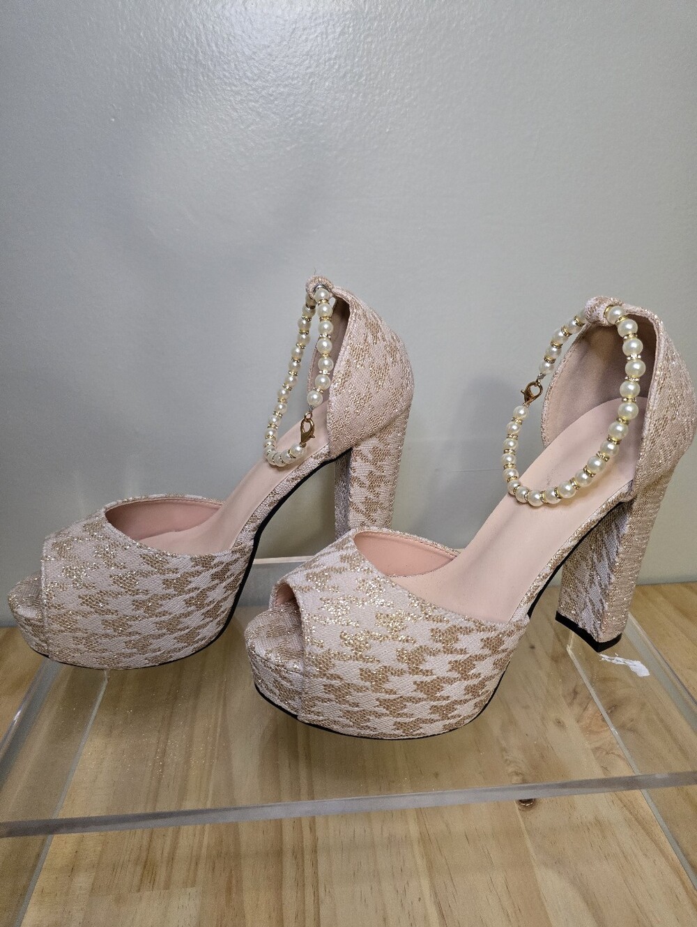 Pearl-Embellished Beige Lace Platform Heels